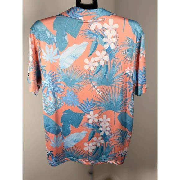 Bad Birdie Mens Large Tropical Floral Golf Polo Shirt Coral Teal Short Sleeve - Picture 4 of 5